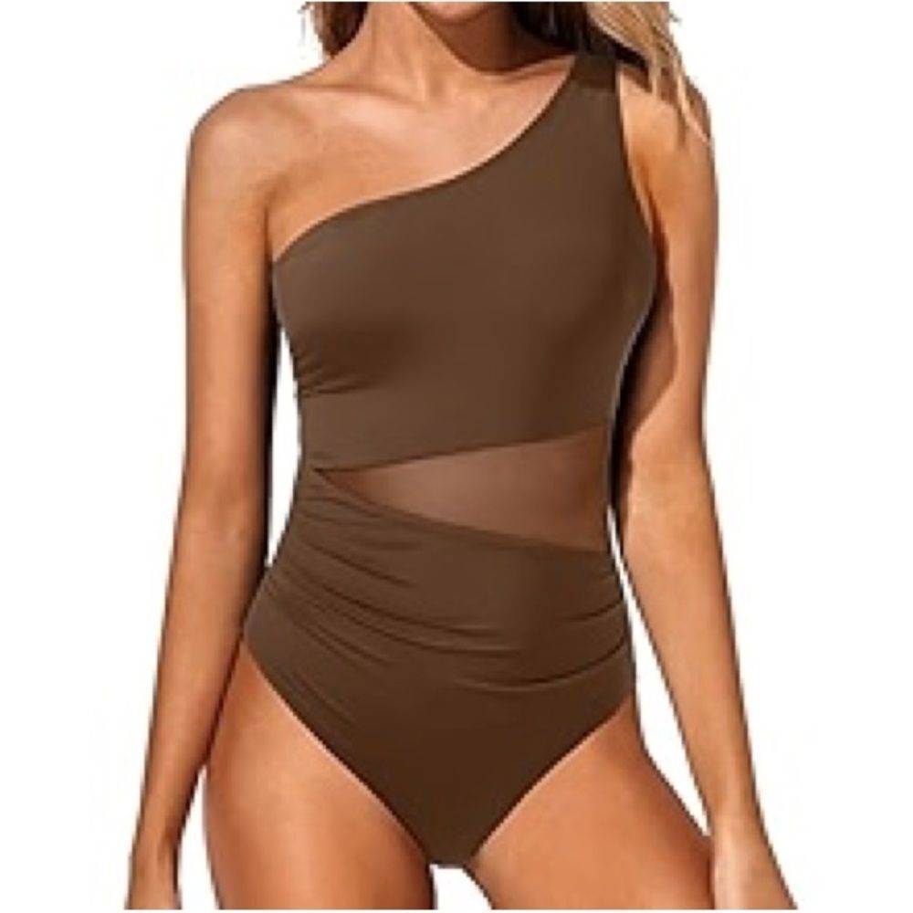 One Shoulder Minimalist Modest Mesh Swimsuit Tummy Control OnePiece Swimsuit NWT